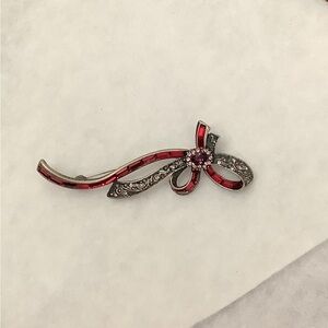Red Ribbon Bow Brooch with Clear Crystal Accents